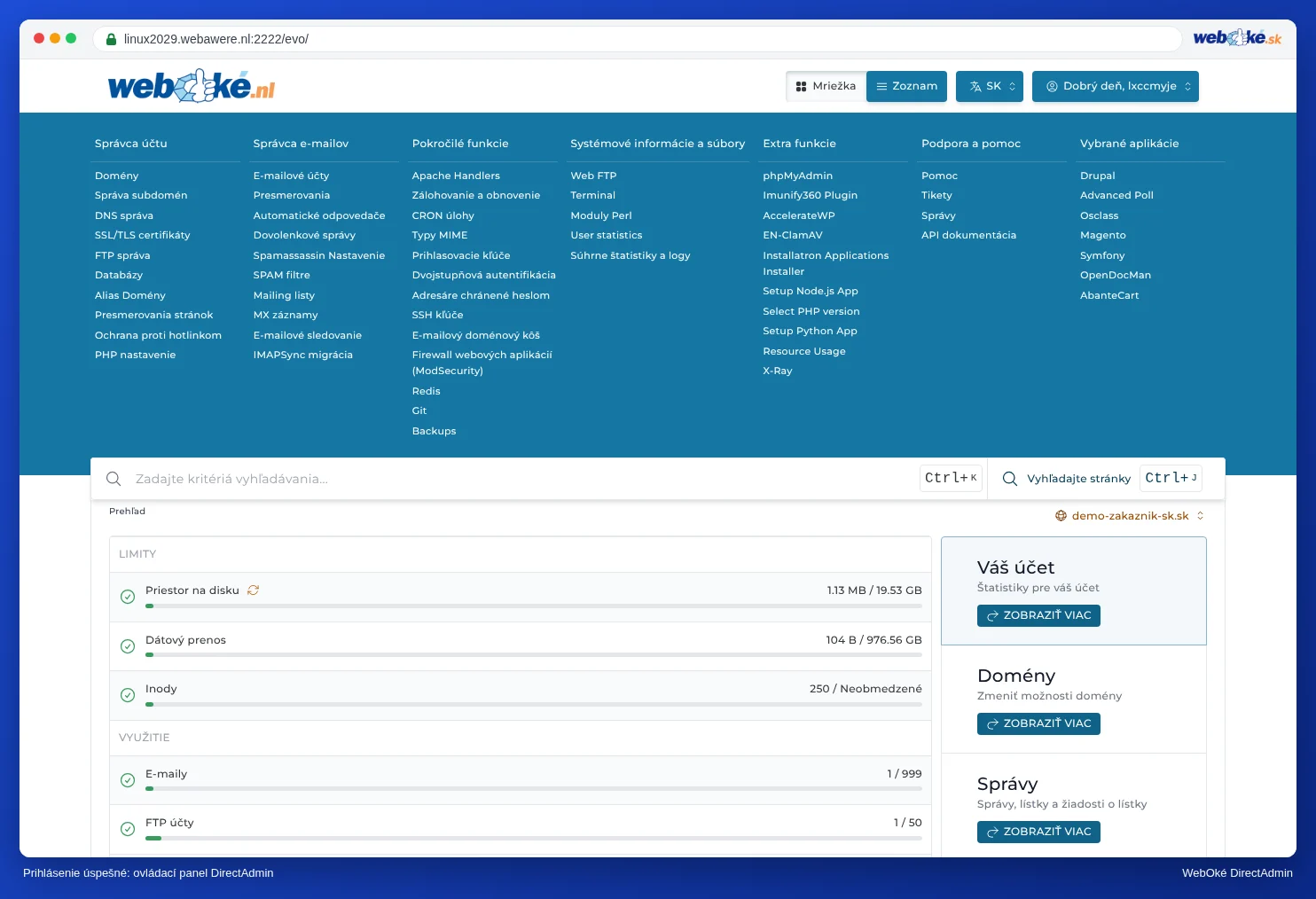 Hlavný prehľad DirectAdmin s logom WebOké, menu a limitmi balíka