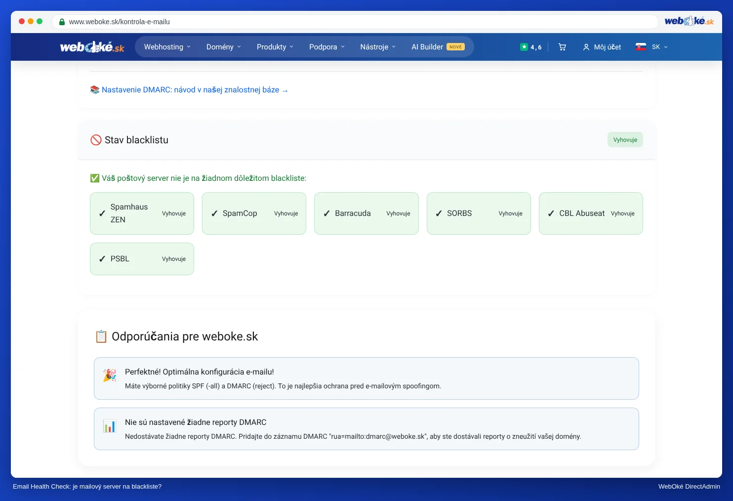Časť blacklisty v nástroji Email Health Check s prehľadom, pre ktoré zoznamy je mailový server zaradený