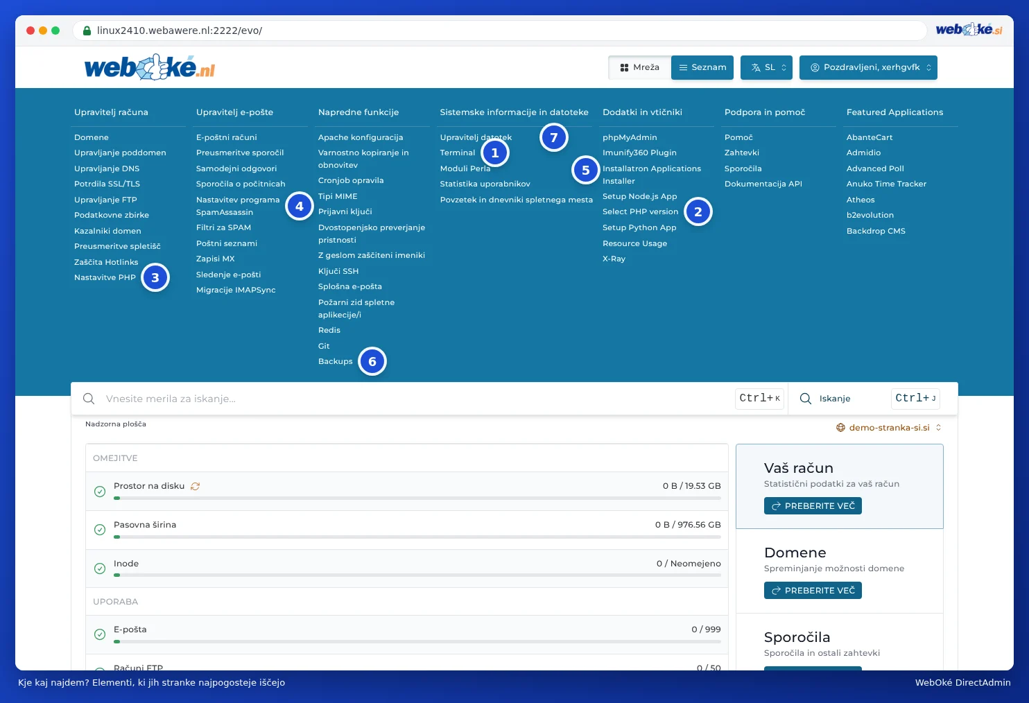 Meni DirectAdmin z oštevilčenimi oznakami pri Terminal, Select PHP version, PHP Instellingen, SpamAssassin instellen, Installatron, Backups in Bestandsbeheer