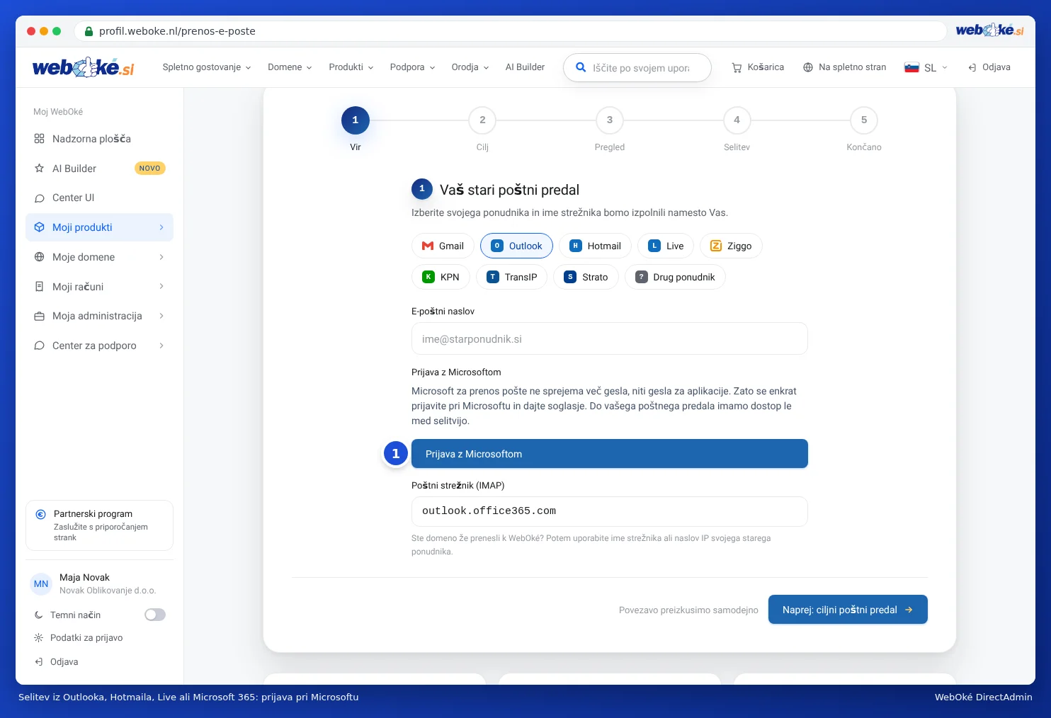 E-mail verhuizen z Outlookom izbranim kot stari ponudnik in sklopom Prijava z Microsoftom