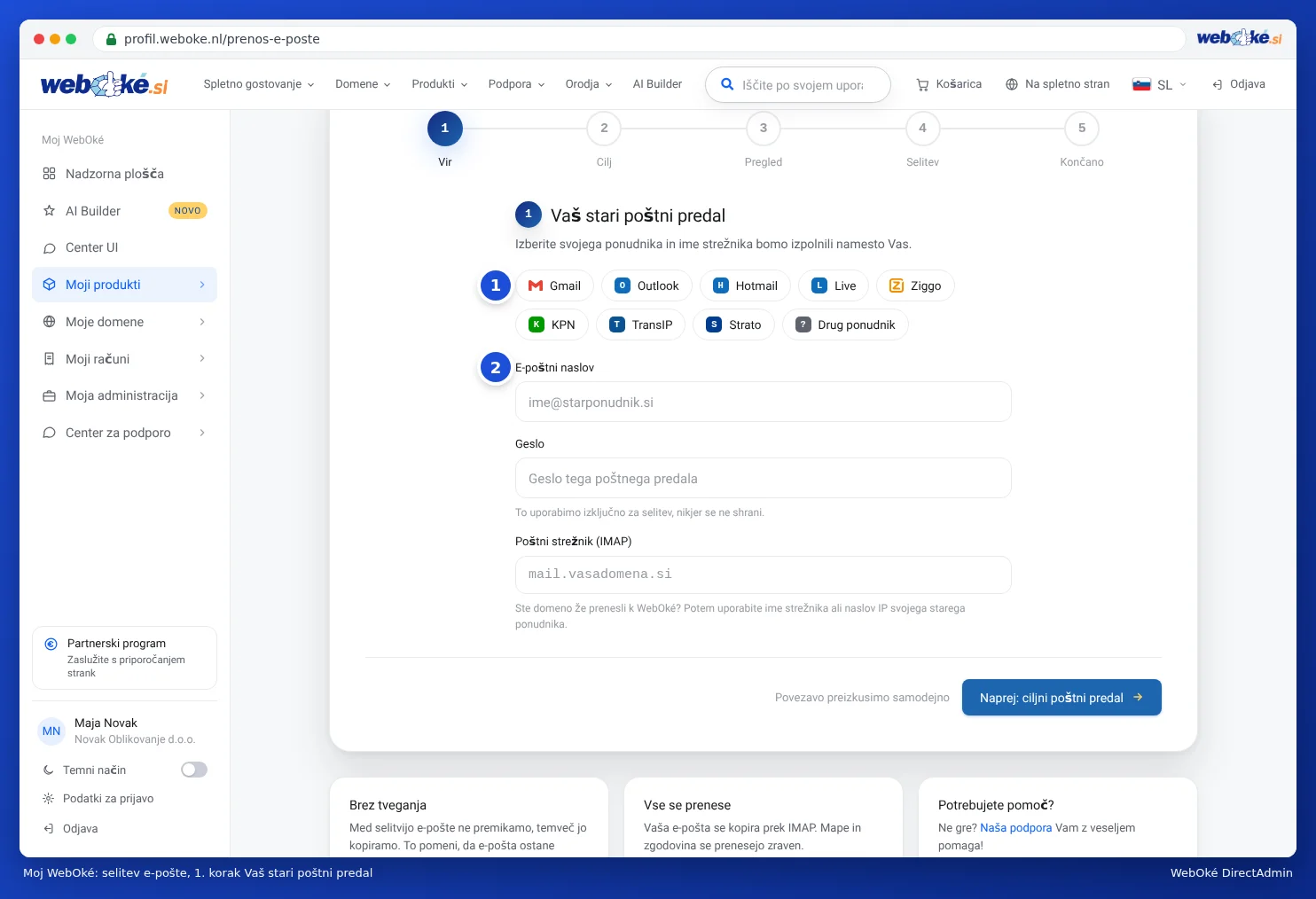Stran E-mail verhuizen v Mijn WebOké s koraki Bron, Doel, Controle, Verhuizen in Klaar ter seznamom ponudnikov