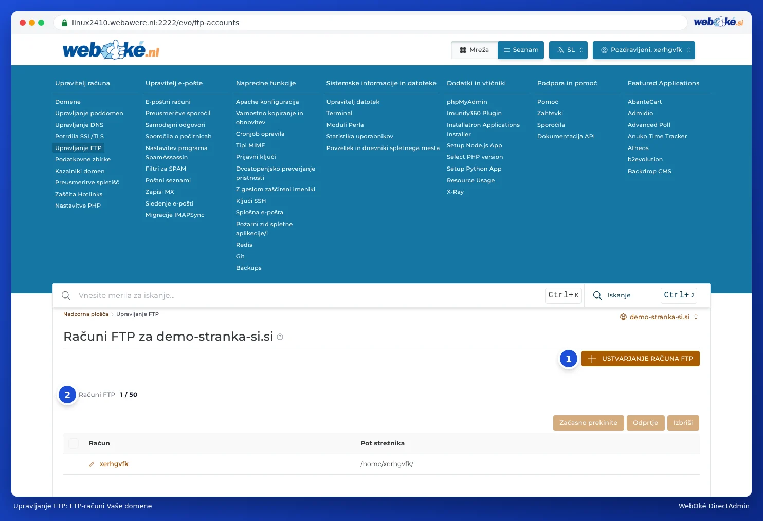 Razdelek Upravljanje FTP v DirectAdmin s seznamom računov FTP in gumbom Ustvarite račun FTP