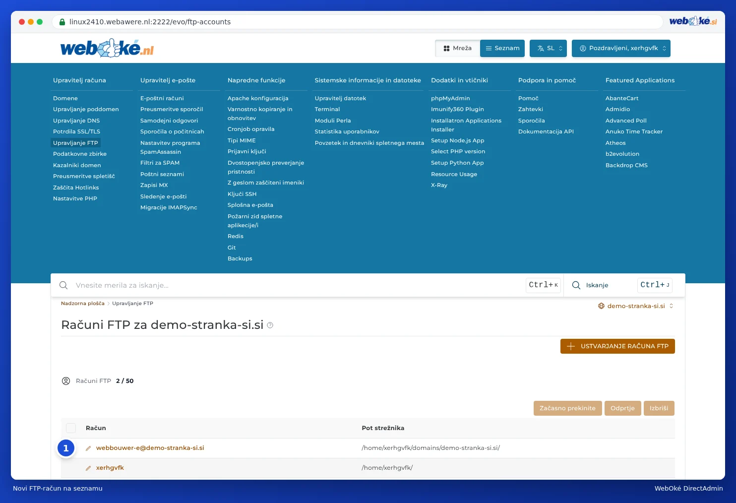 Upravljanje FTP z novim računom webbouwer-e@voorbeelddomein5.nl in njegovim imenikom na seznamu
