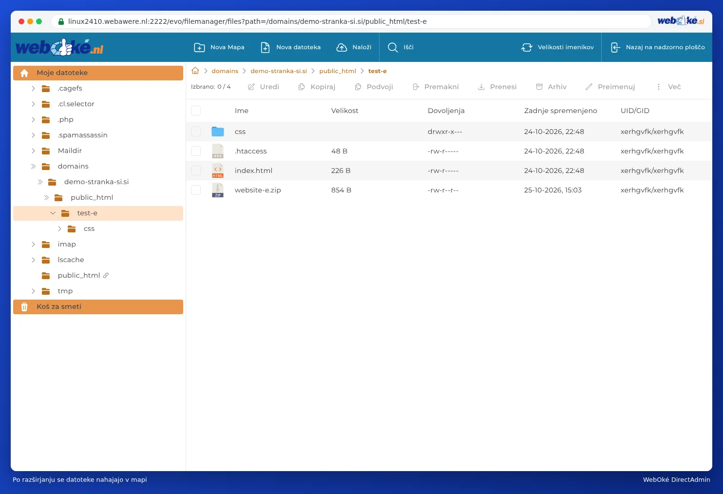 Mapa test-e po ekstrahiranju z mapo css, datoteko .htaccess, index.html in zip-datoteko