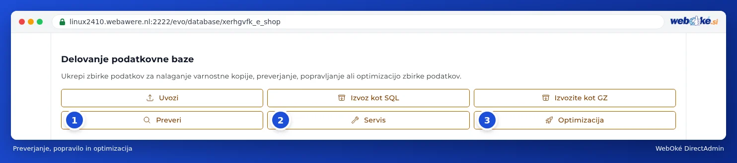 Blok Delovanje podatkovne baze z označenimi gumbi Preveri, Servis in Optimizacija