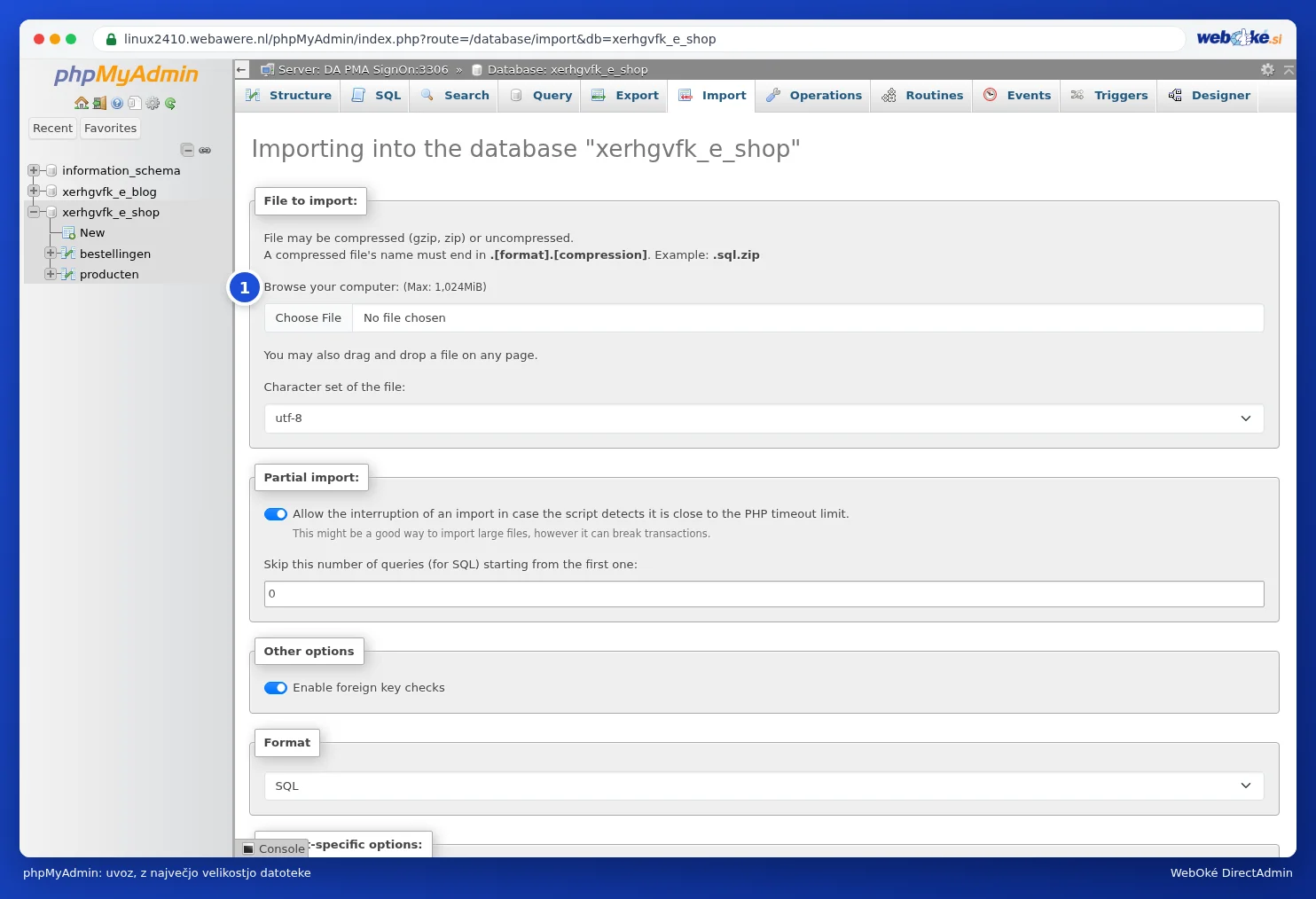 Zavihek Import v phpMyAdmin z gumbom za izbiro datoteke in največjo velikostjo datoteke