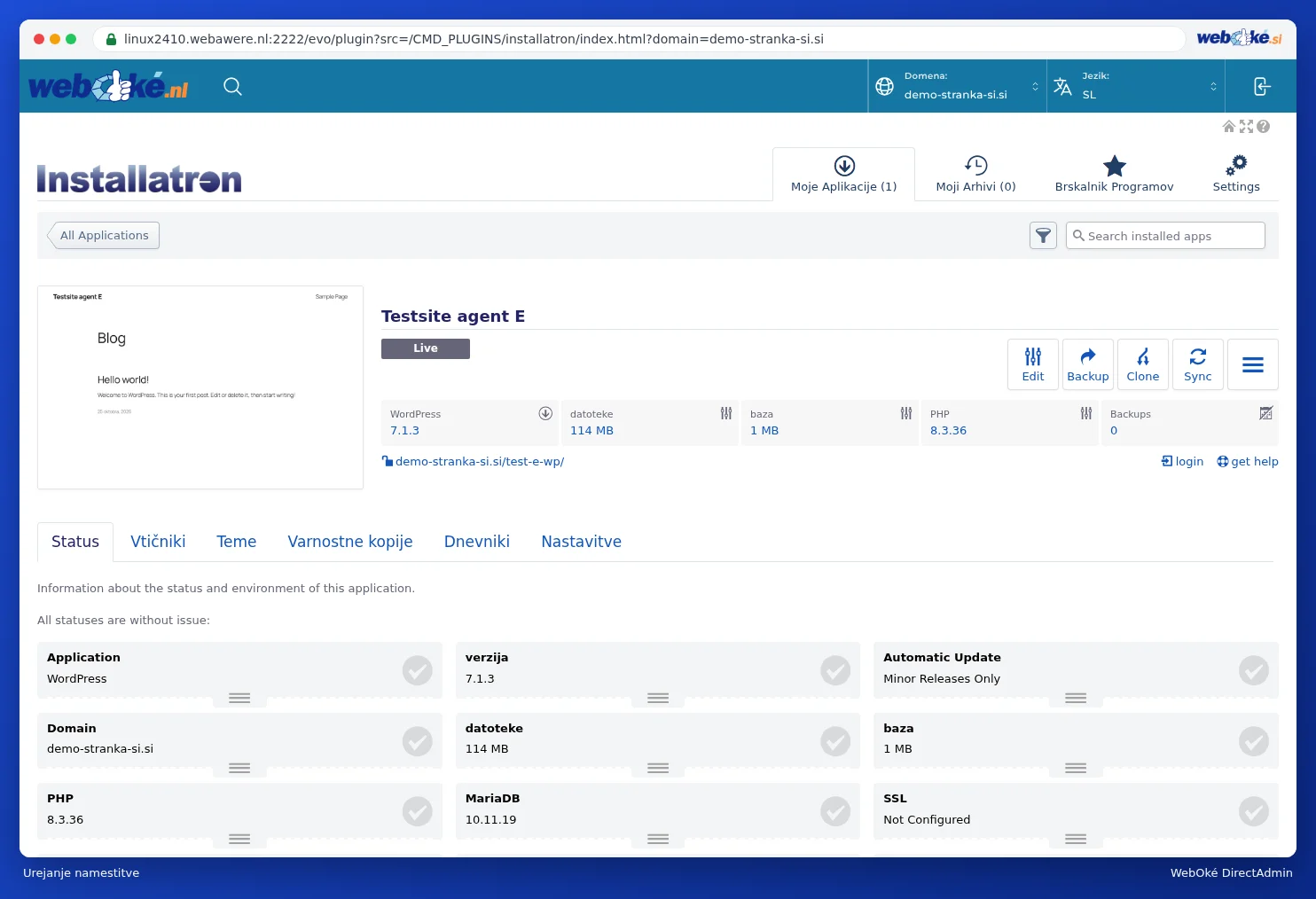 Zavihek Stanje za namestitev WordPress-a v Installatronu z različico, samodejnimi posodobitvami, SSL-om, vtičniki in varnostnimi kopijami