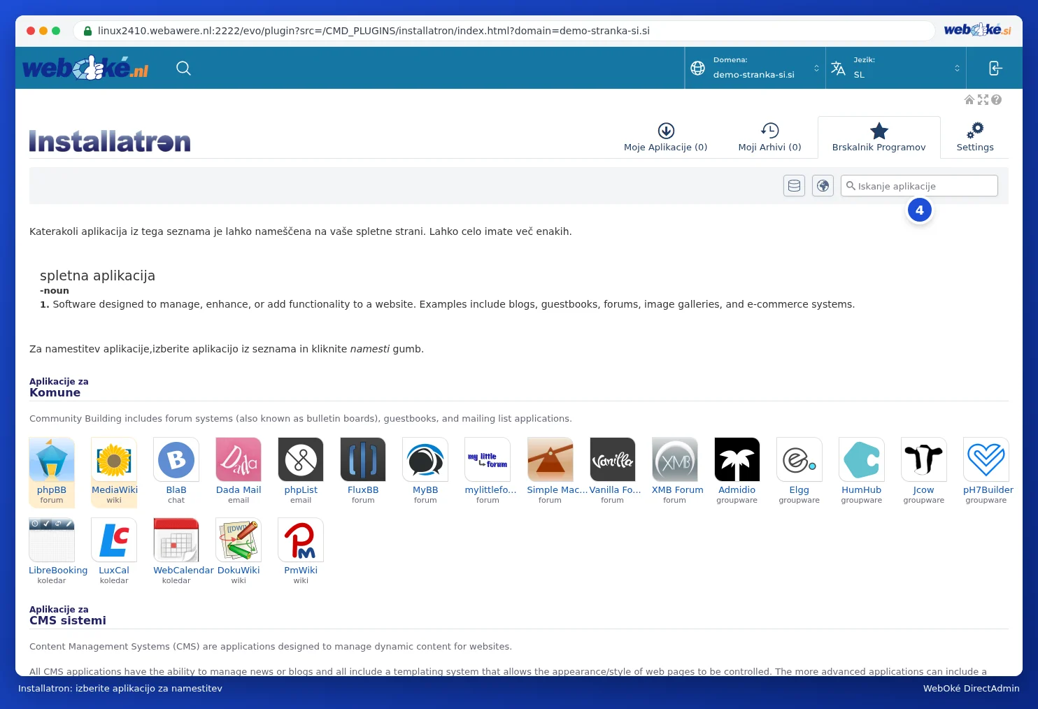 Installatron v DirectAdmin z zavihki Mijn applicaties, Mijn backups, Applicatie verkenner in Settings ter iskalnim poljem