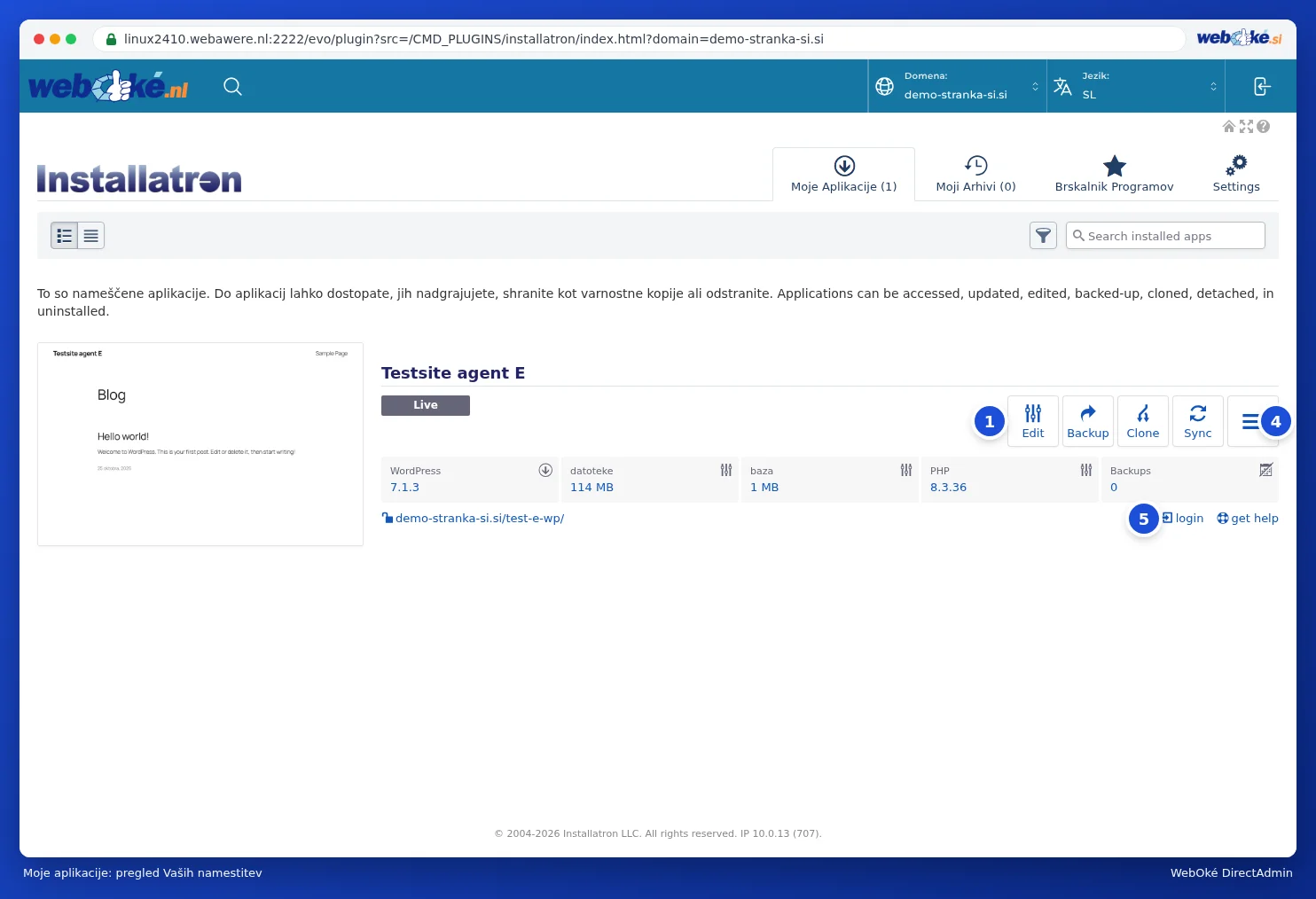 Moje aplikacije v Installatronu z ravnokar nameščenim WordPress-om in gumbi Uredi, Varnostna kopija, Kopiraj in Synch