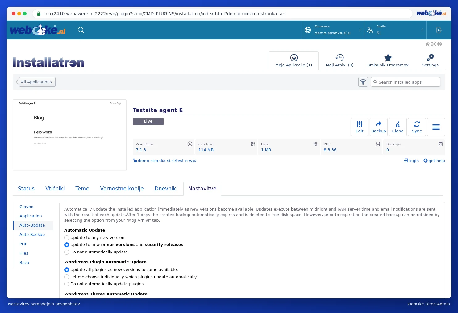 Zavihek Nastavitve z Auto-Update za namestitev WordPress-a v Installatronu z izbirami za WordPress in vtičnike