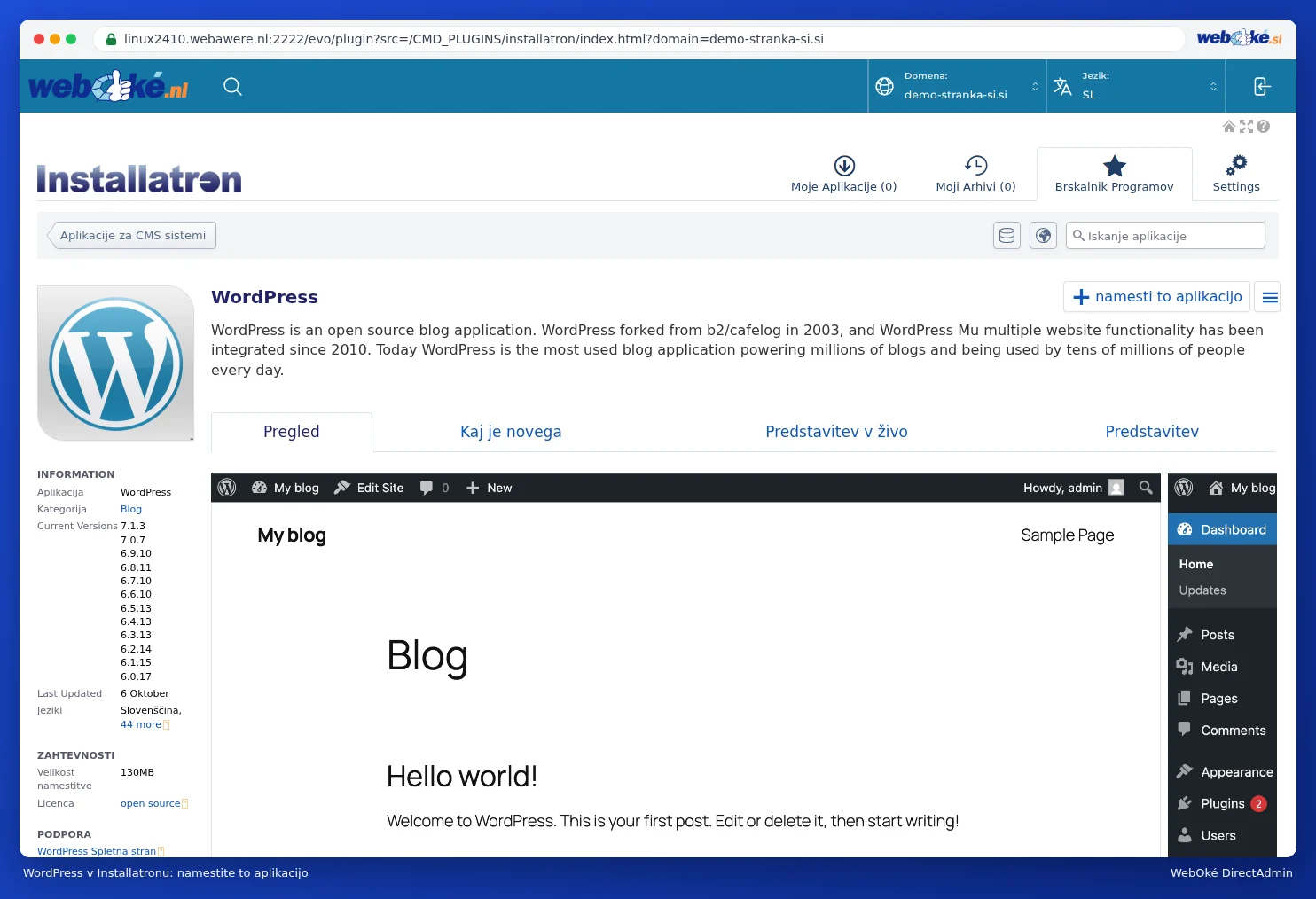Stran WordPress v Installatronu z gumbom namesti to aplikacijo