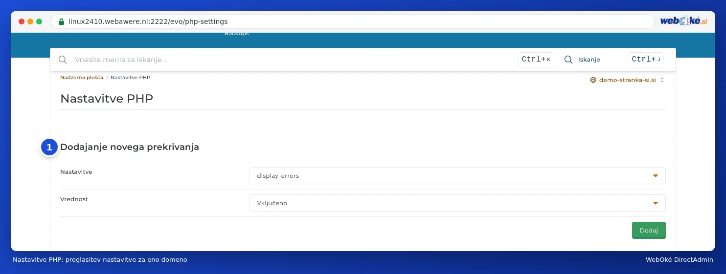 Razdelek PHP Instellingen za primerdomena5.nl z blokom Dodajanje novega prekrivanja, poljema Nastavitve in Vrednost ter gumbom Dodaj