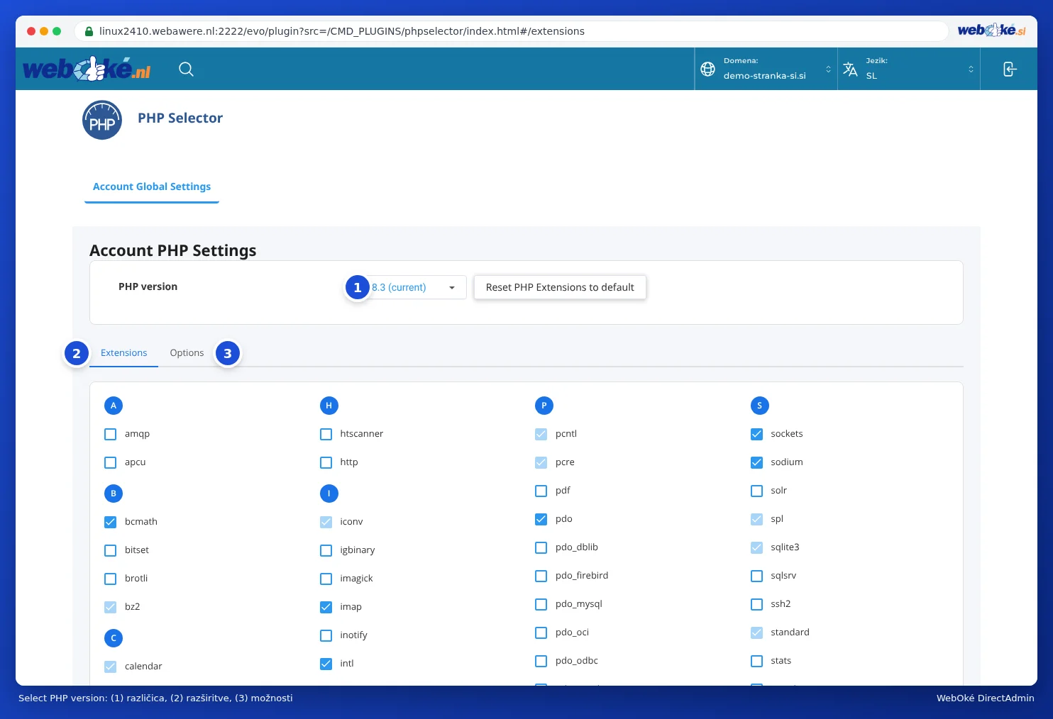 Zaslon PHP Selector s PHP različico 7.4 (current), gumbom Reset PHP Extensions to default ter zavihkoma Extensions in Options