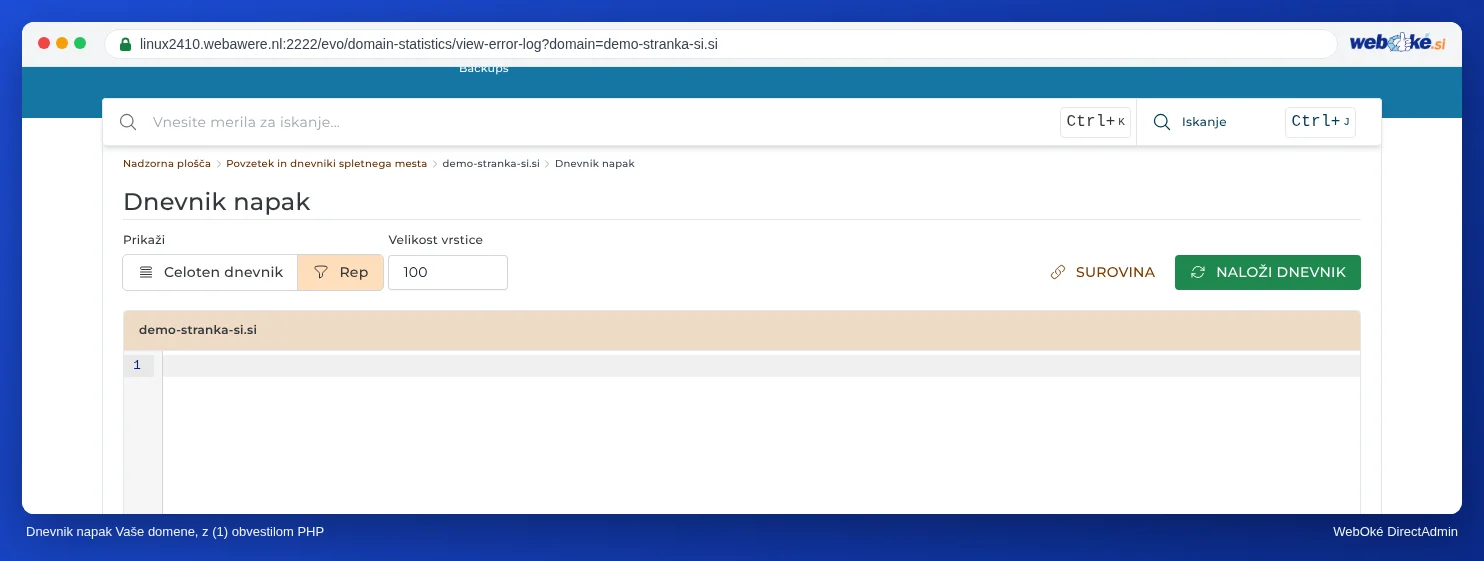 Dnevnik napak primera domene voorbeelddomein5.nl z vrstico PHP Warning na dnu, s potjo do datoteke in številko vrstice