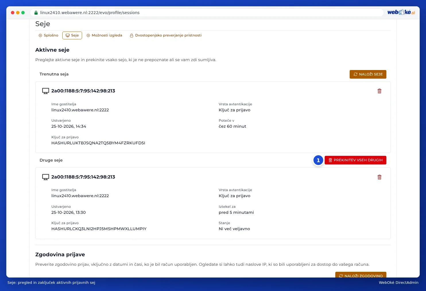 Zavihek Seje v uporabniškem profilu DirectAdmin s trenutno sejo in gumbom Prekinitev vseh drugih