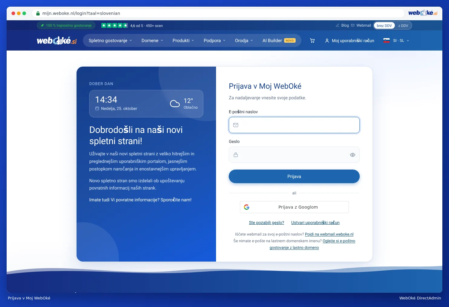 Stran za prijavo v Mijn WebOké s polji za E-Mail naslov in geslo ter gumbom Prijava z Google