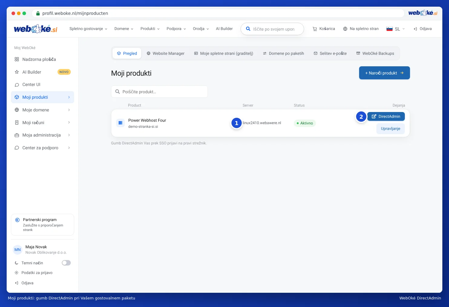 Moji produkti s stolpcem Server, kjer je naveden linux2023.webawere.nl