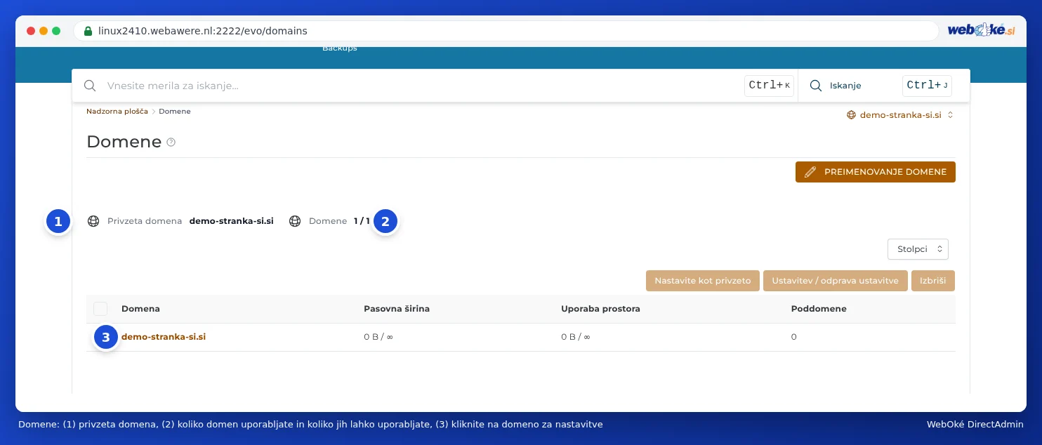 Pregled Domene v DirectAdmin s privzeto domeno, števcem Domene 1 / 1 in tabelo z domenami