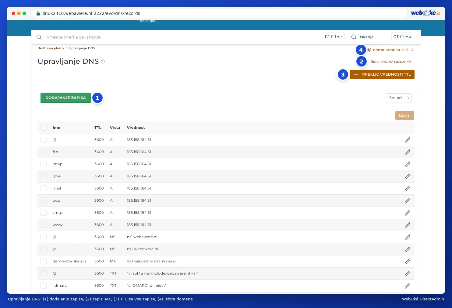 Upravljanje DNS v DirectAdmin z gumbi Dodajanje zapisa, Spreminjanje zapisov MX in Preklic vrednosti TTL ter izbirnikom domen