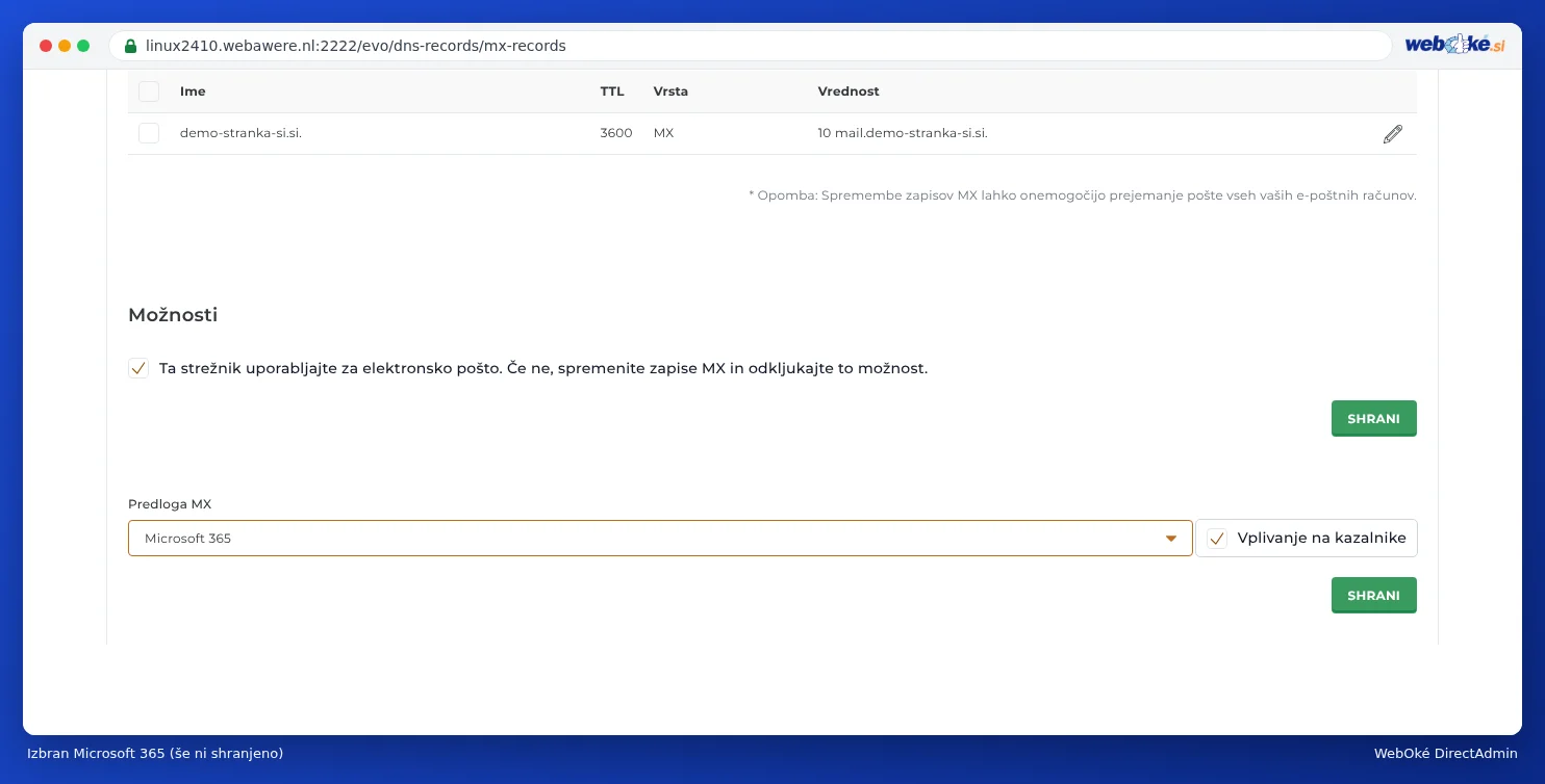 Stran Zapisi MX z izbrano predlogo Microsoft 365 pri MX Sjabloon, še ne shranjeno