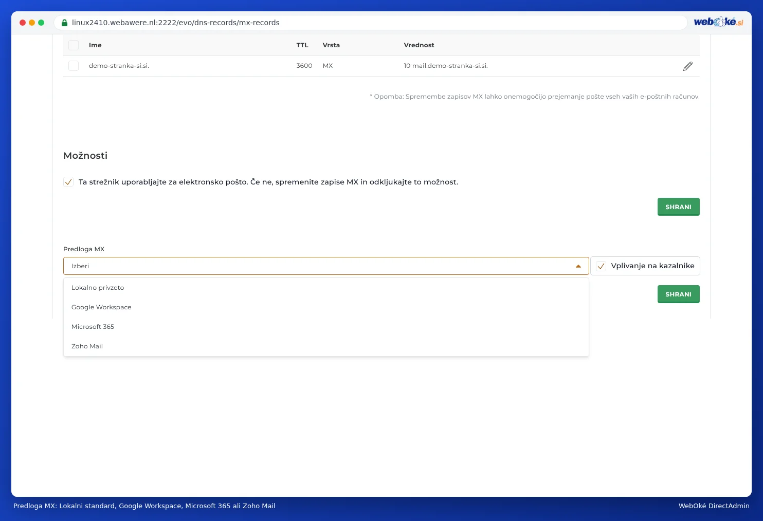Spustni seznam Predloga MX z Lokalno Privzeto, Google Workspace, Microsoft 365 in Zoho Mail