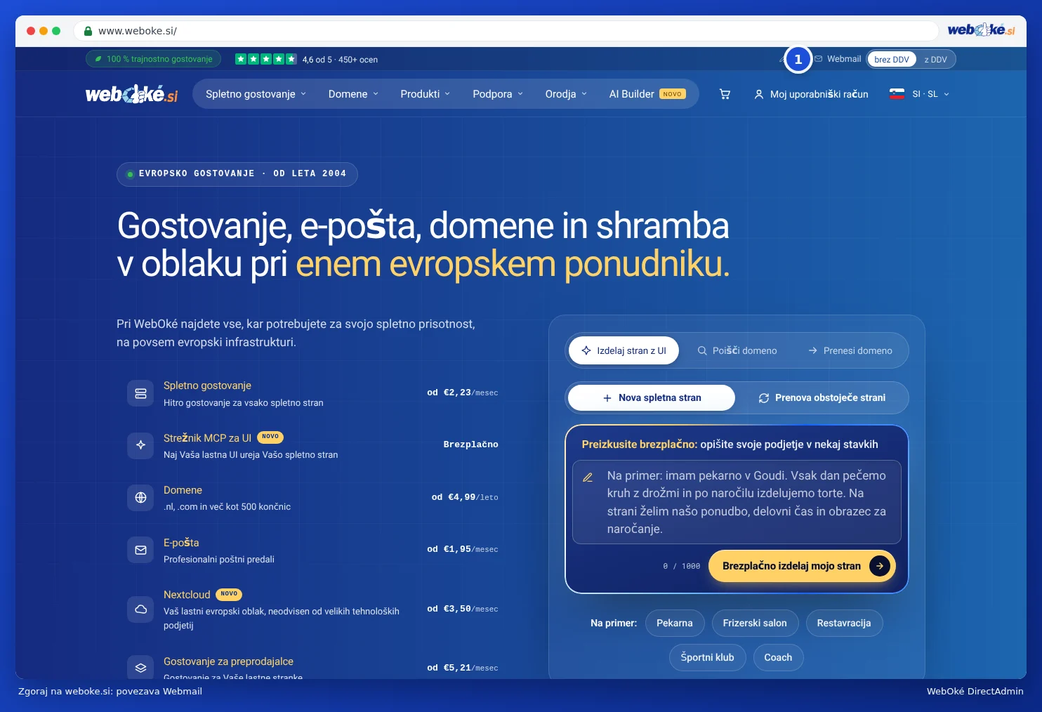 Spletna stran WebOké s povezavo Webmail na vrhu