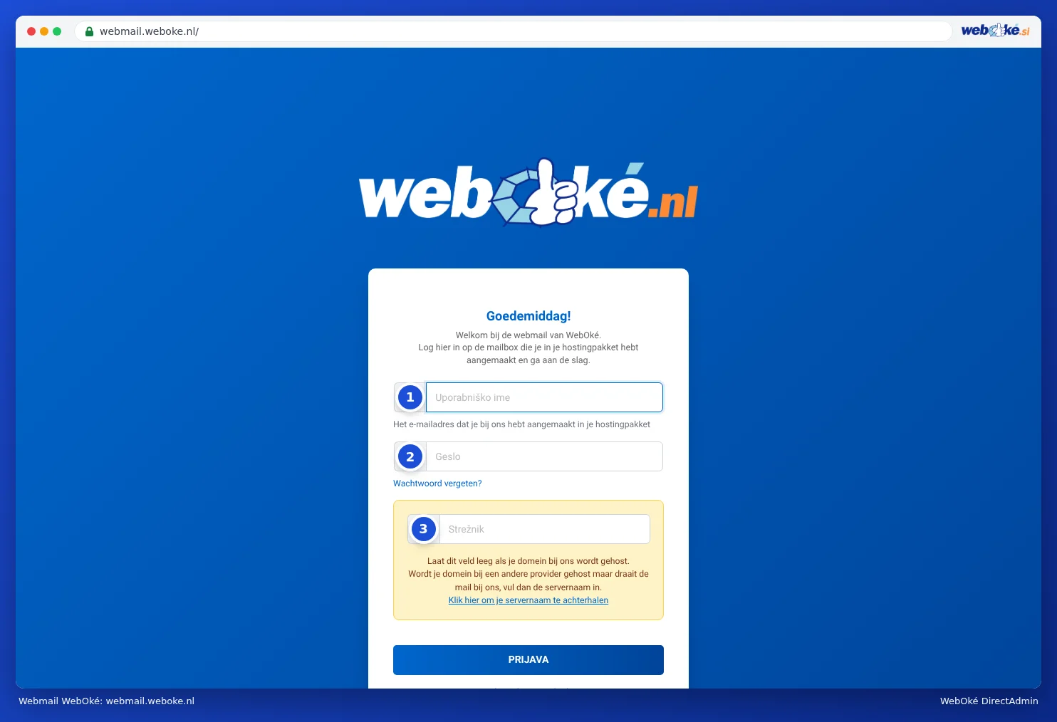 Prijavna stran spletne pošte WebOké s polji Vnesite uporabniško ime, Geslo in Server