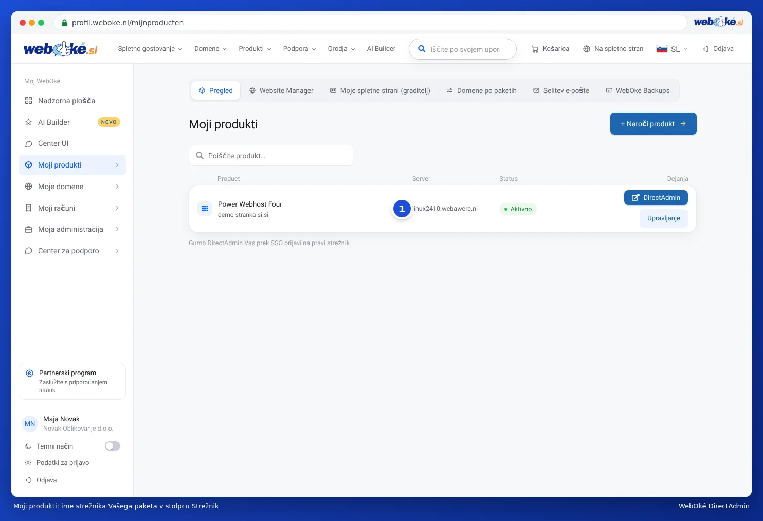Moji produkti v Mijn WebOké s stolpcem Strežnik, ki prikazuje ime strežnika za hosting paket in za e-poštni paket