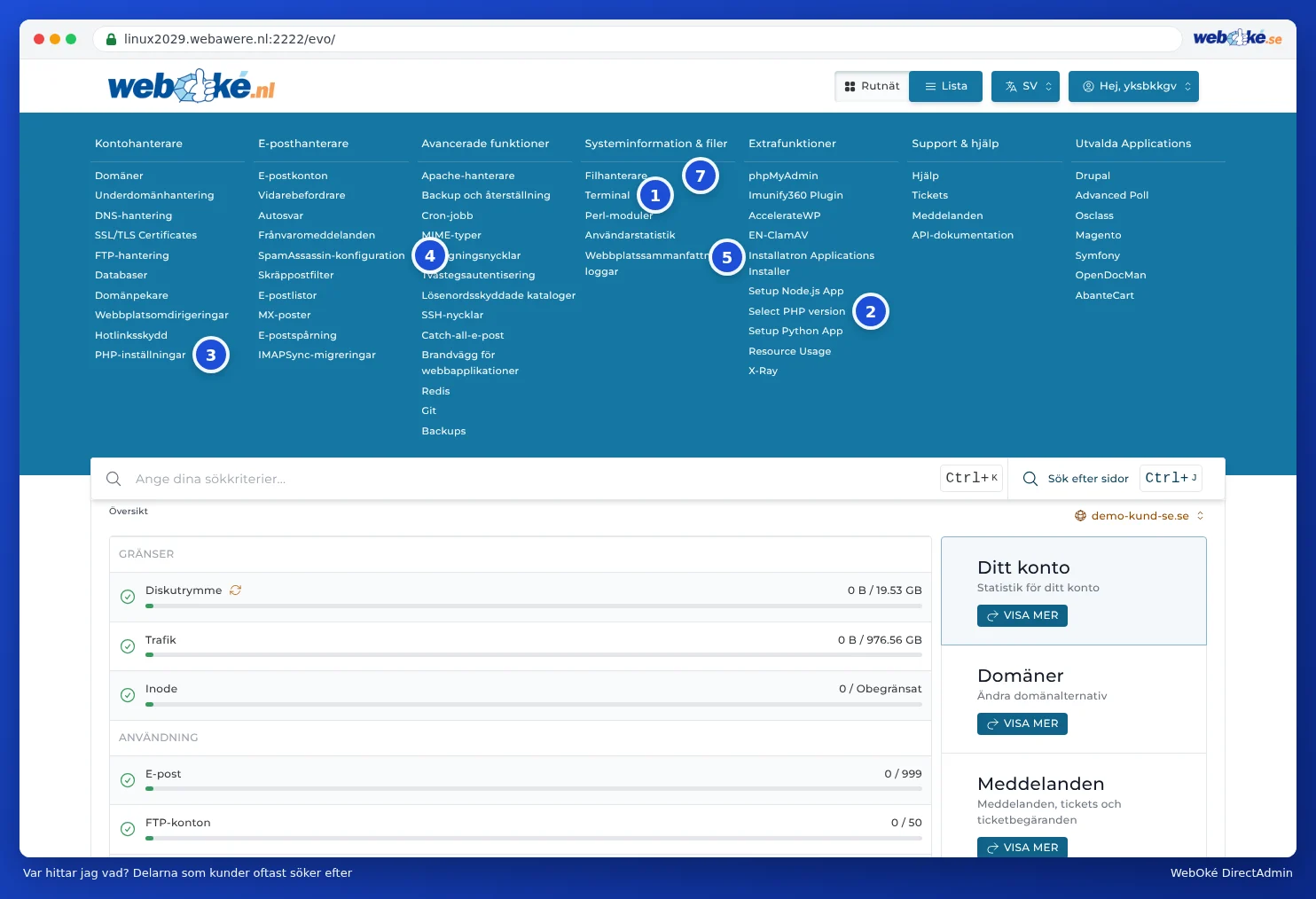 Menyn i DirectAdmin med numrerade markeringar vid Terminal, Select PHP version, PHP Instellingen, SpamAssassin instellen, Installatron, Backups och Bestandsbeheer