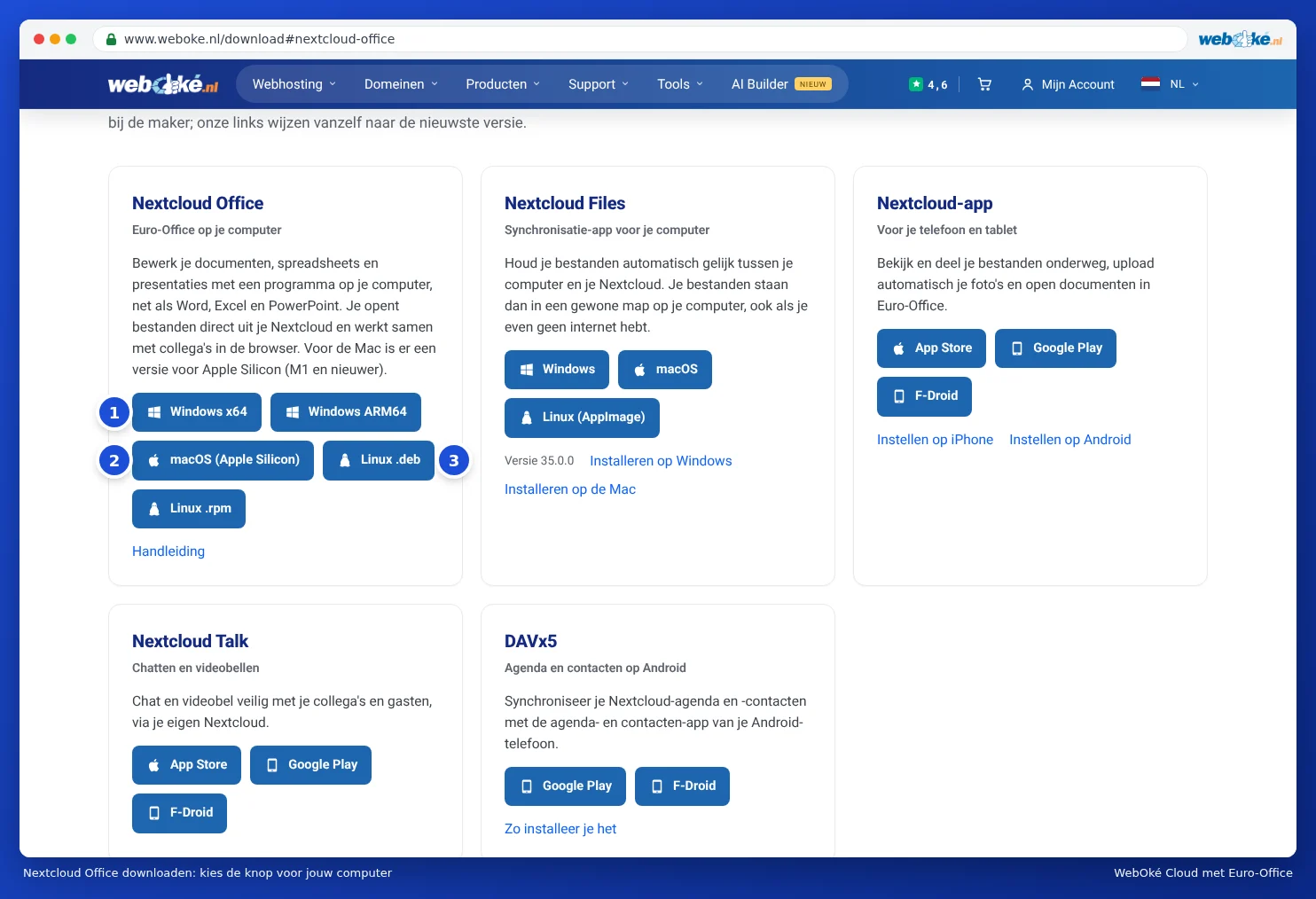 The download buttons for Nextcloud Office on the WebOké site
