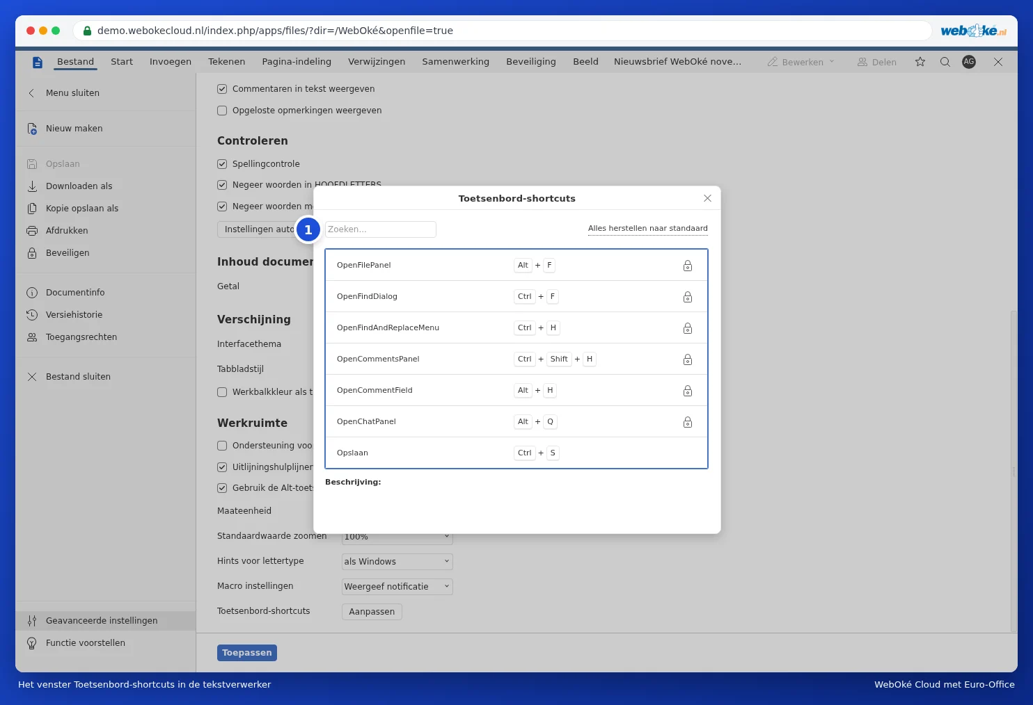 The Keyboard Shortcuts window with a search field and a list of actions and keys