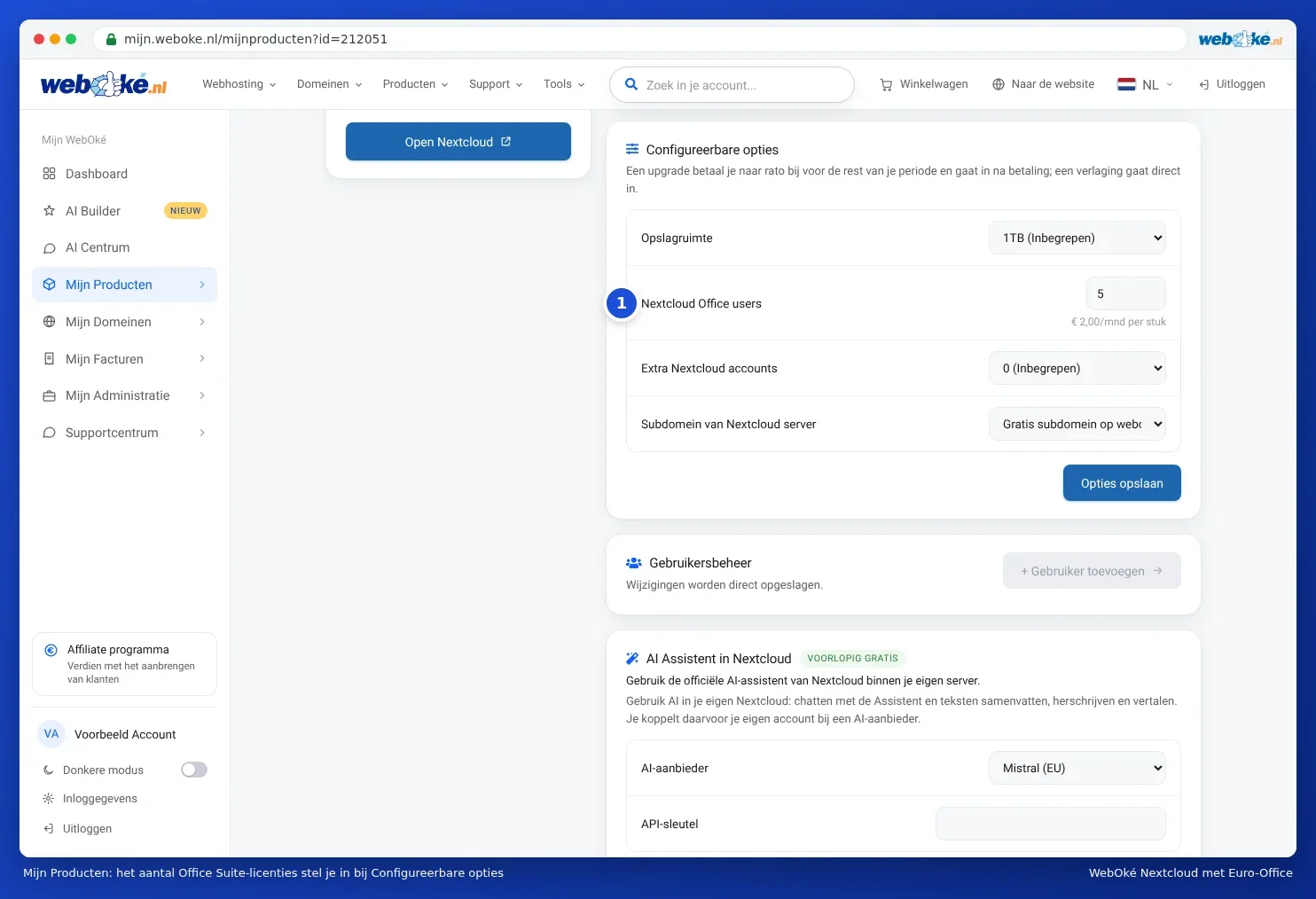 Configureerbare opties in Mijn Producten met het aantal Nextcloud Office users