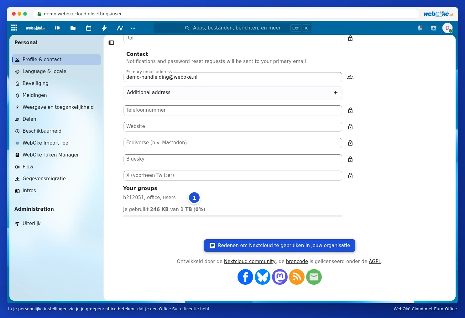 The settings in Nextcloud with the groups at the bottom, including office