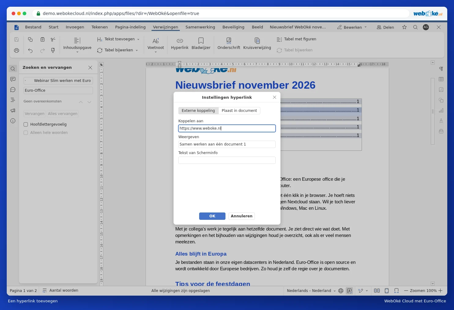 The Link settings window