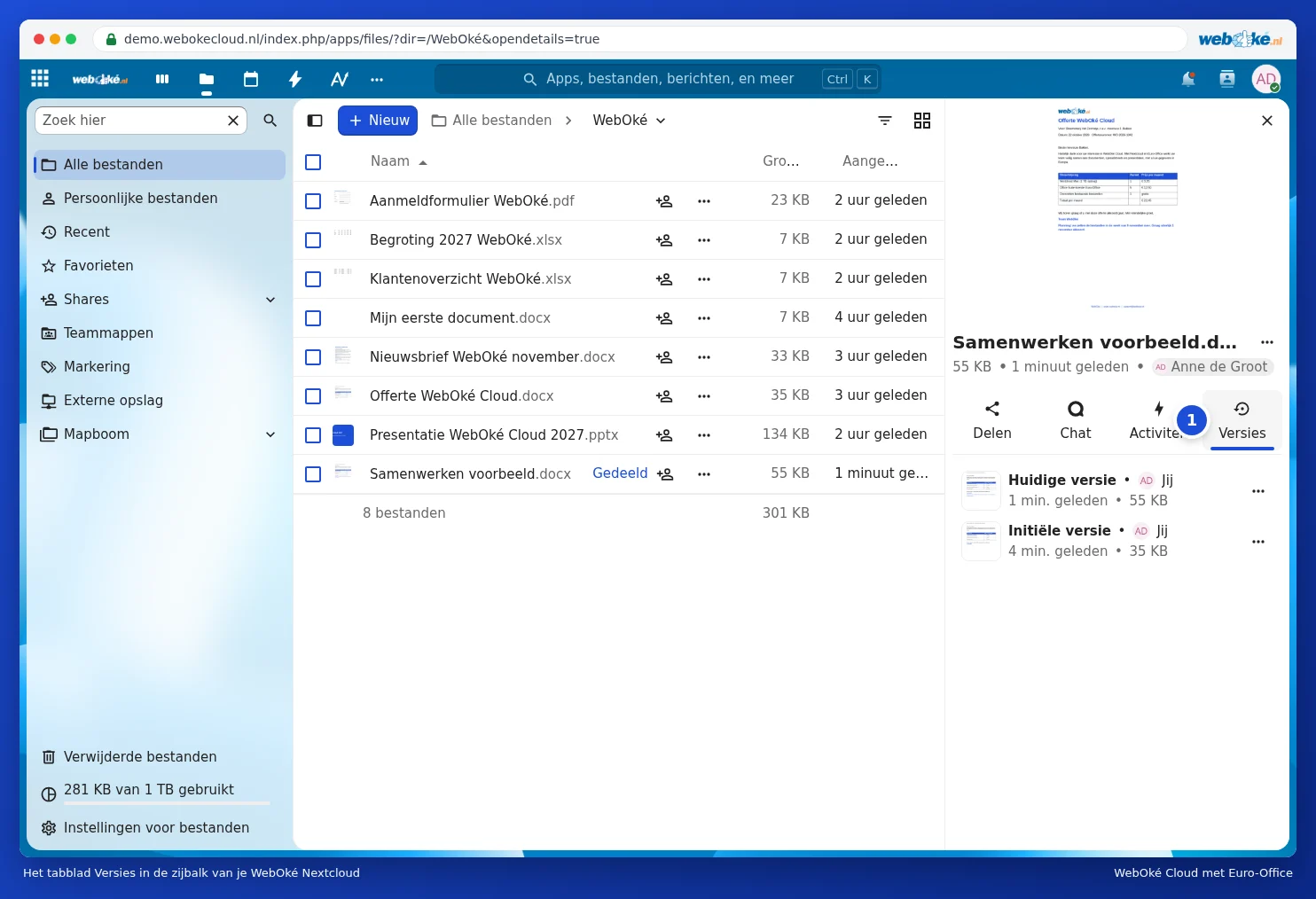 Het tabblad Versies in de zijbalk van Nextcloud