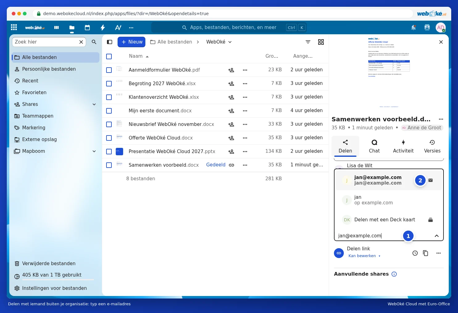 Een e-mailadres typen onder Extern delen