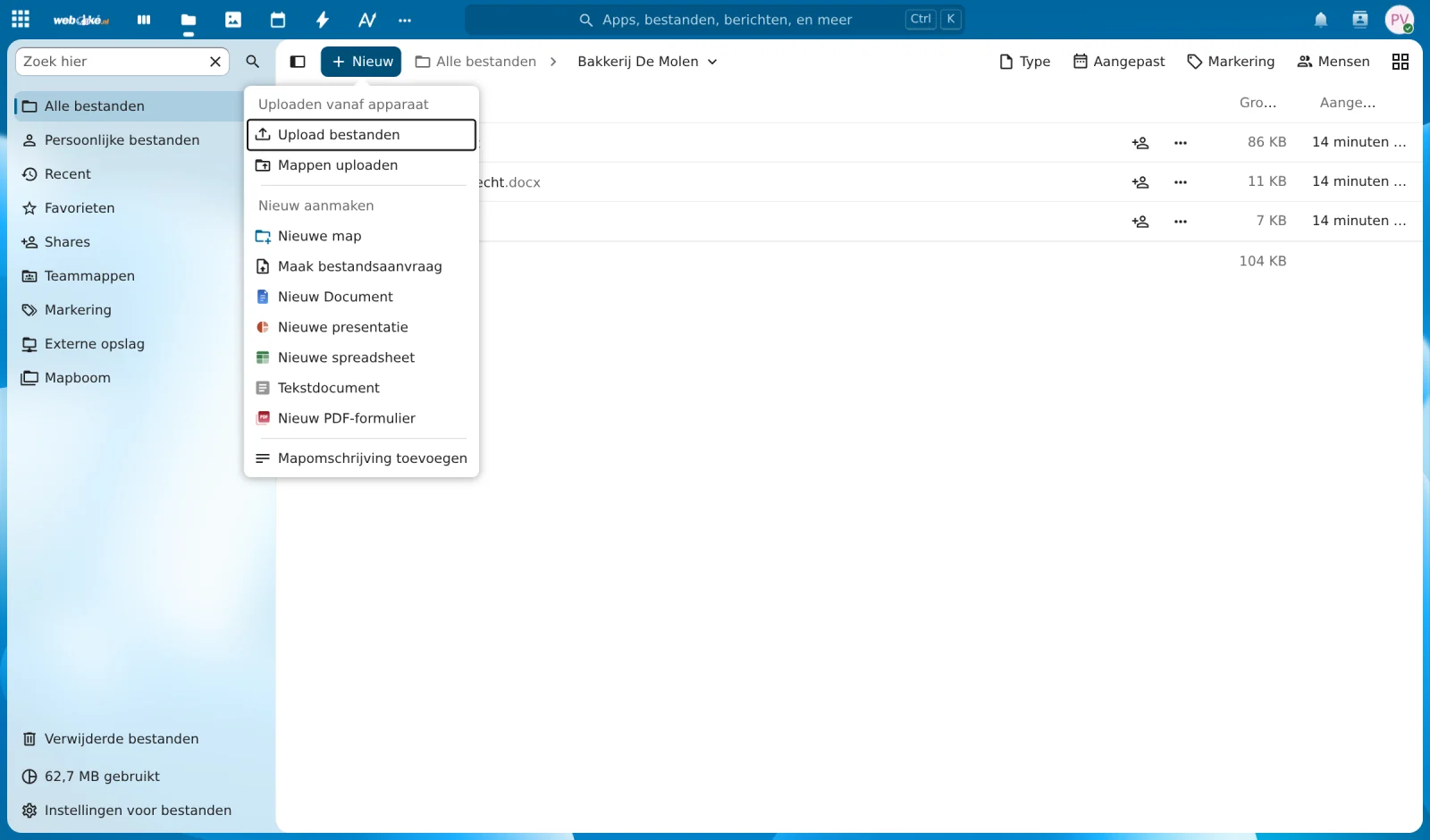 Het menu Nieuw in Nextcloud met Nieuw Document, Nieuwe presentatie, Nieuwe spreadsheet en Nieuw PDF-formulier