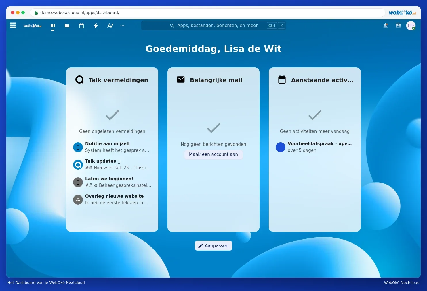 Nadzorna plošča z gradniki za Pogovor Talk, e-pošto in prihajajoče sestanke