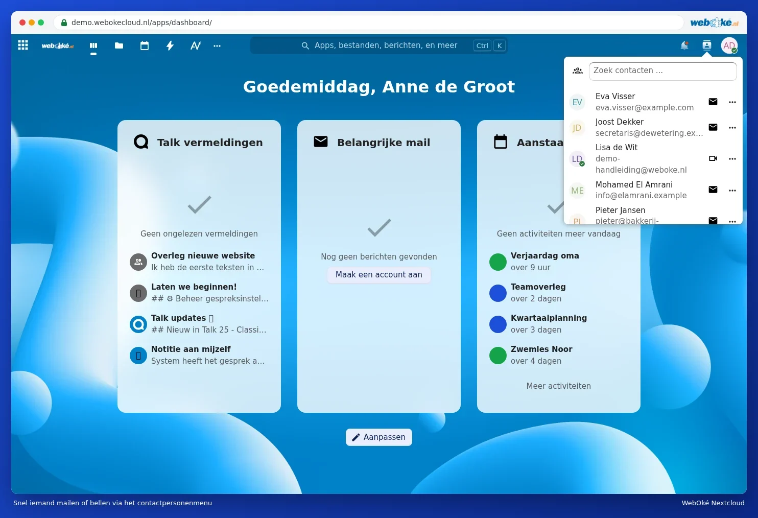 The contacts menu with a search field and a list of names with email and call buttons