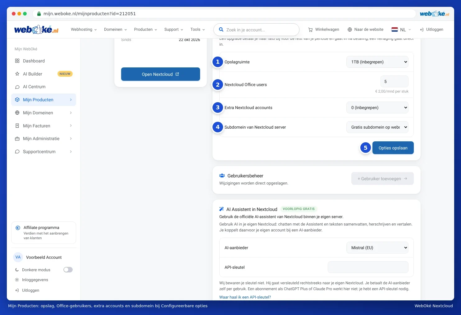 The package page in My WebOké with the Configurable options for storage space, Office users, extra accounts and the subdomain