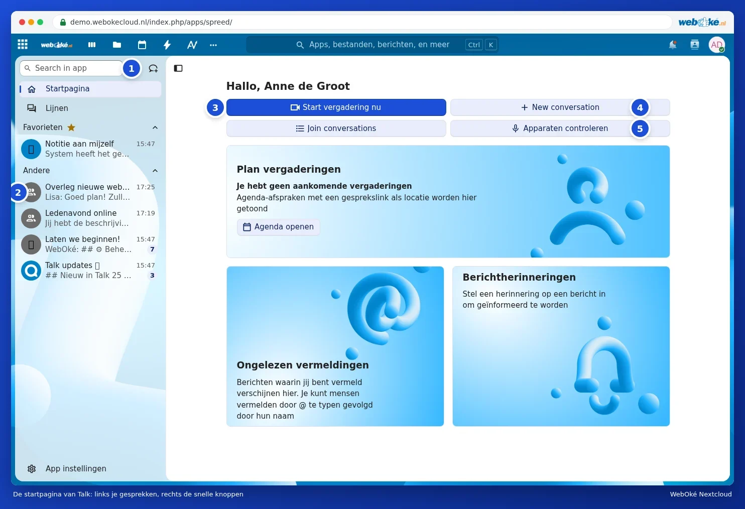 The Home page of Talk with the conversations on the left and the Start meeting now, New conversation and Check devices buttons on the right