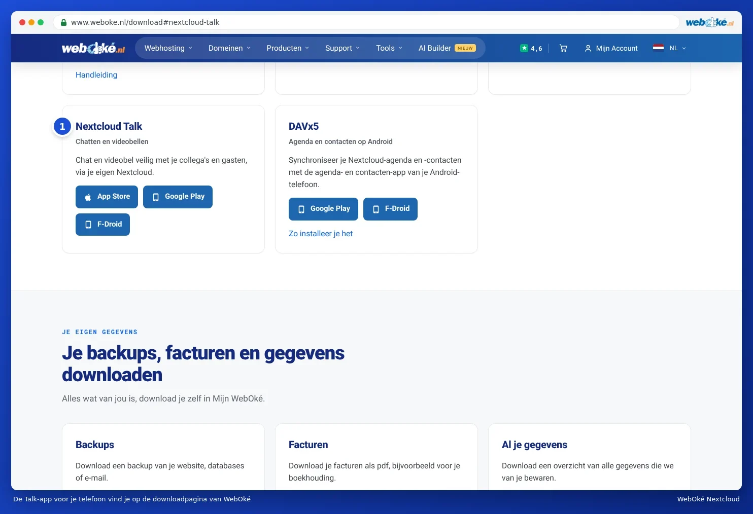 The Nextcloud Talk card on the WebOké download page with buttons for App store, Google Play and F-Droid
