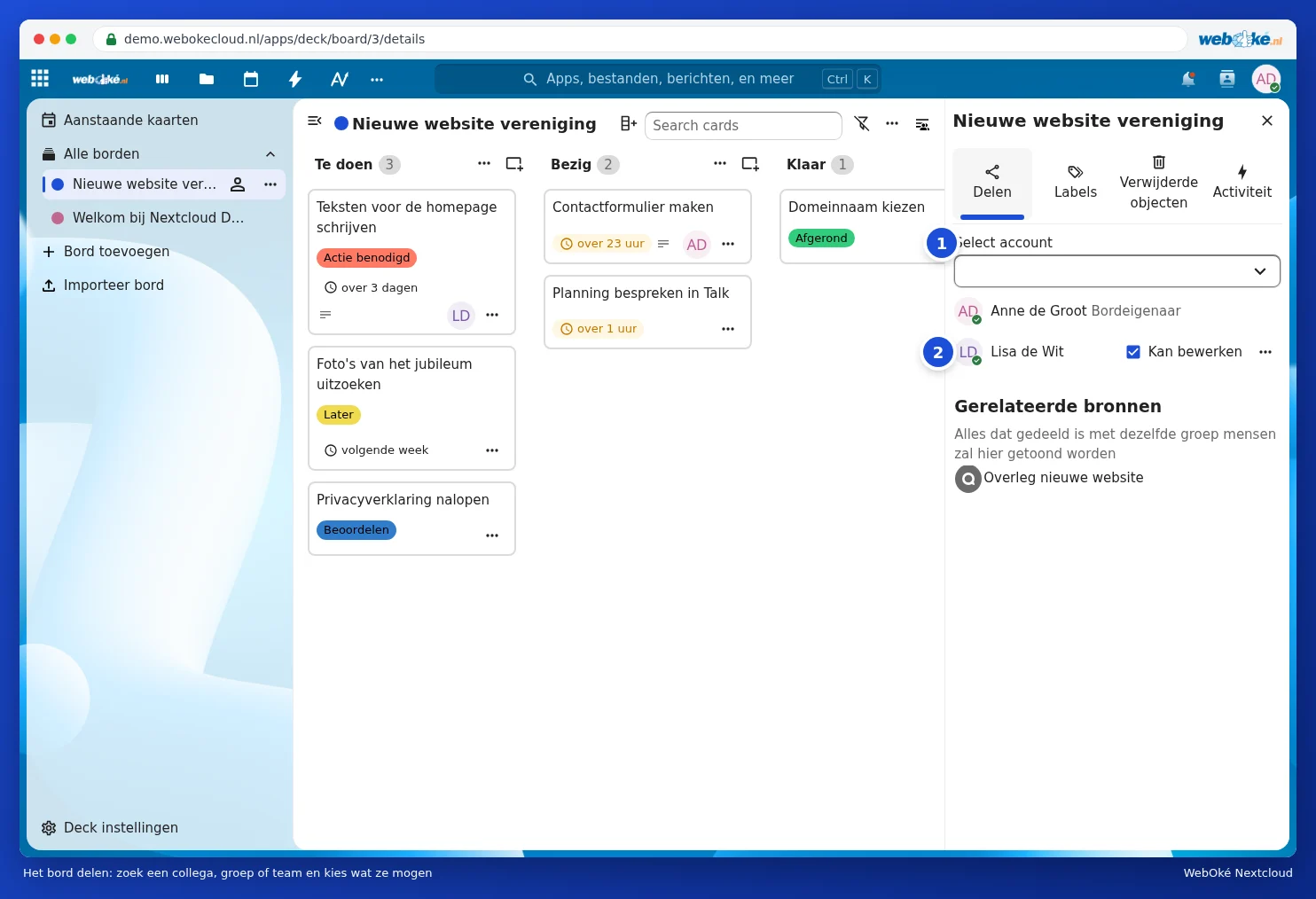 The board's sidebar with the Share tab, the Select account field and Lisa de Wit with Can edit