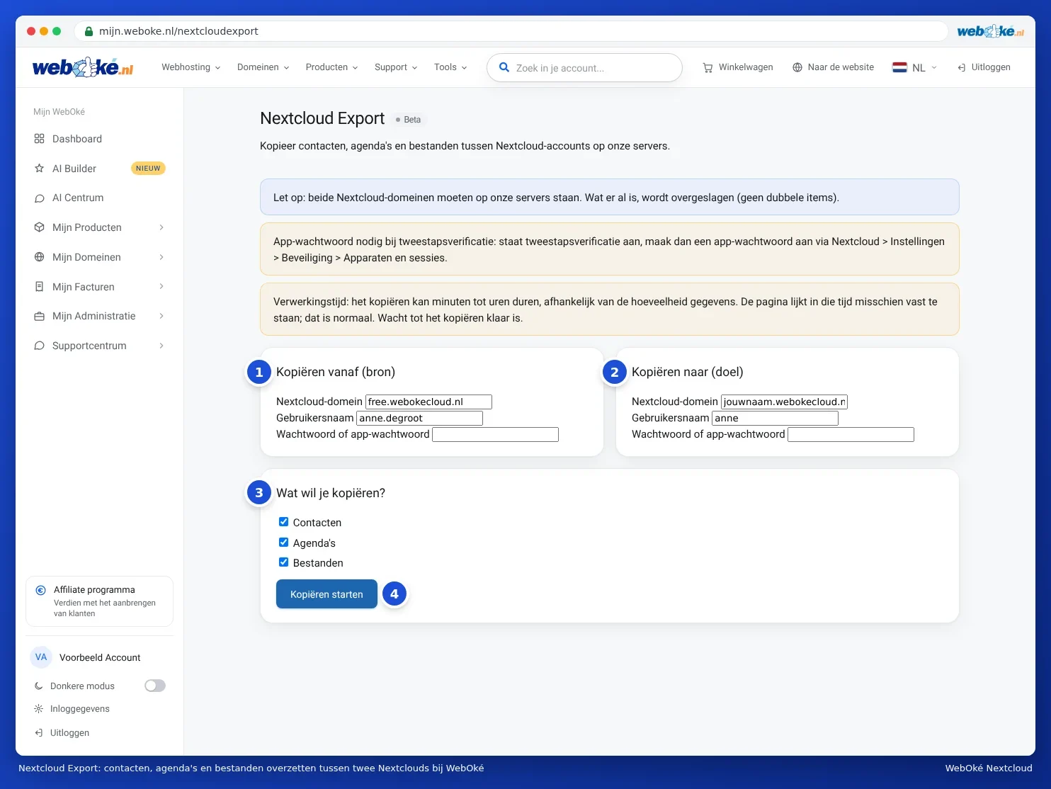 Nextcloud Export -sivu Mijn WebOkéssa, jossa kentät lähteelle ja kohteelle sekä valinta yhteystiedoille, kalentereille ja tiedostoille