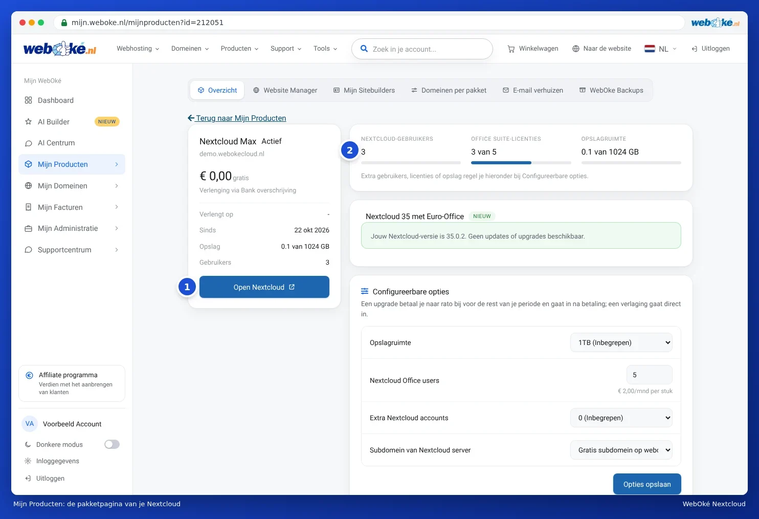 The package page of a Nextcloud package in My WebOké with the Open Nextcloud button and the counters for users, Office licences and storage