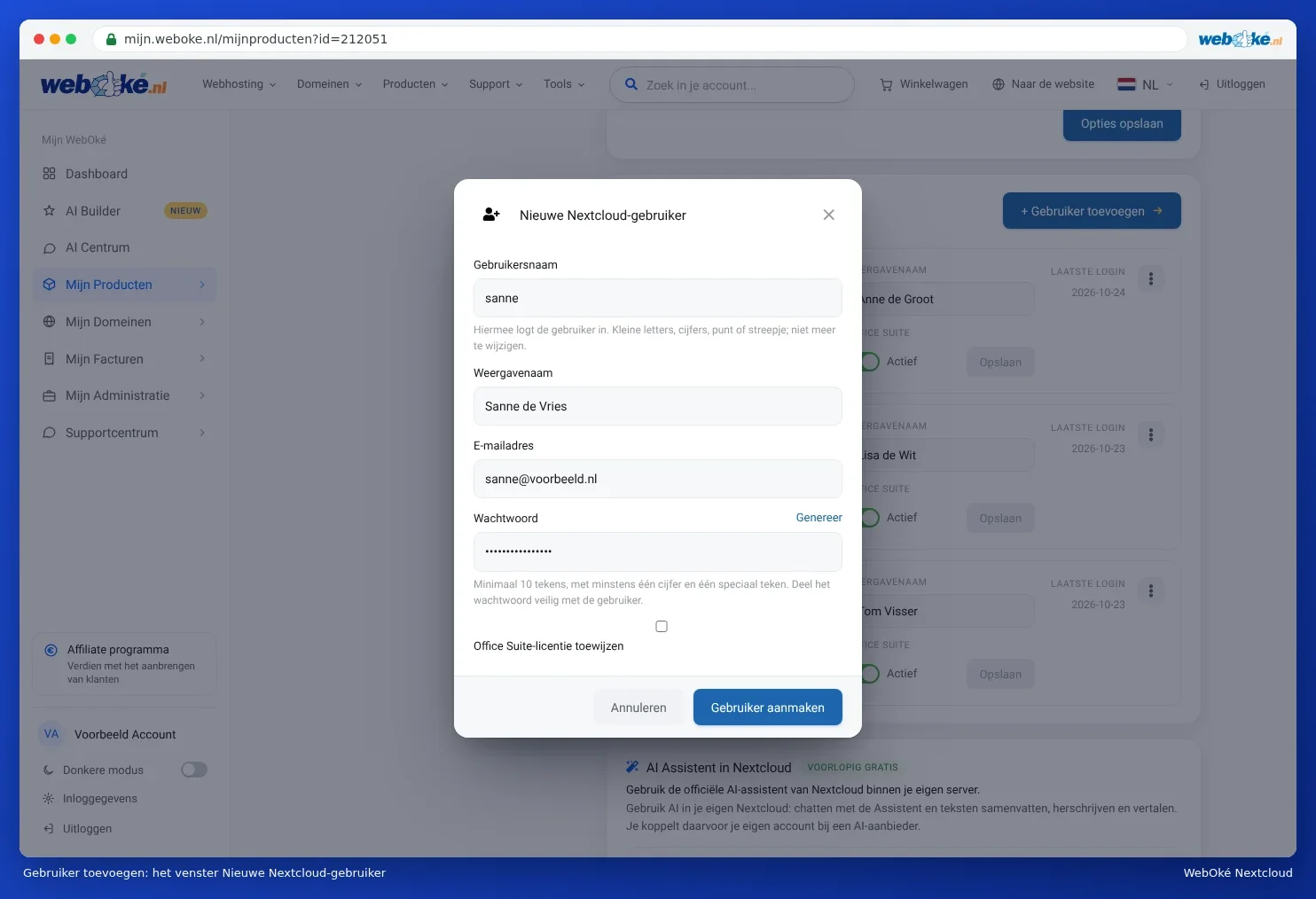 Vinduet Ny Nextcloud-bruker med feltene Brukernavn, Visningsnavn, E-postadresse og Passord