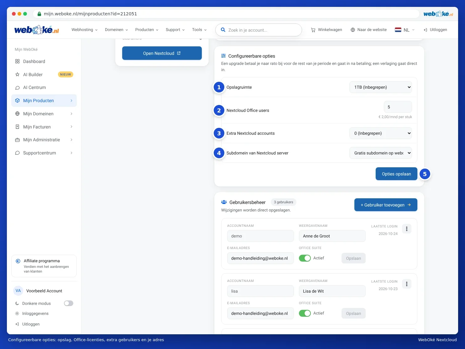 Karta Konfigurovatelné možnosti s položkami Opslagruimte, Nextcloud Office users, Extra Nextcloud accounts, Subdomein van Nextcloud server a tlačítkem Opties opslaan