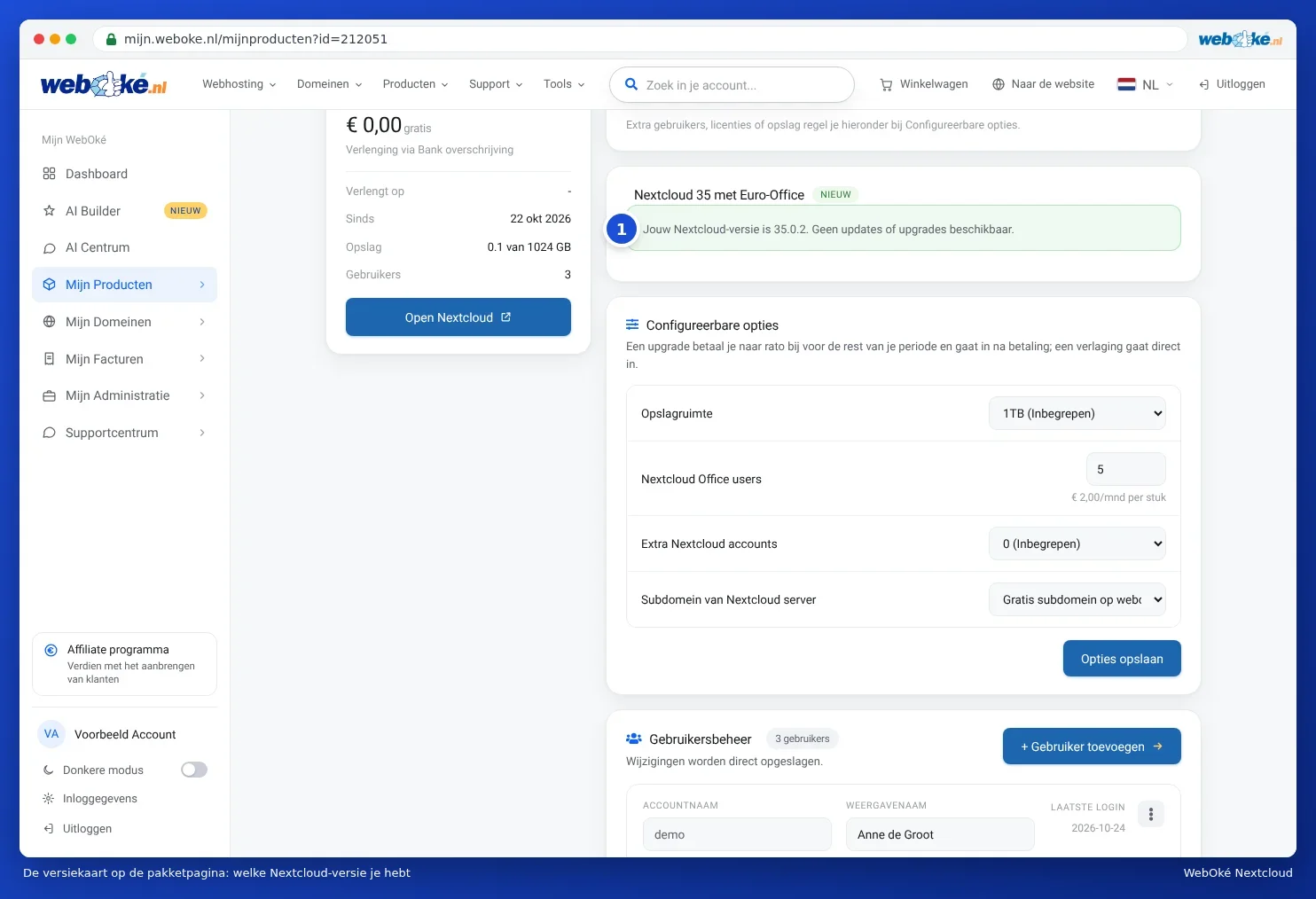 The Nextcloud 35 with Euro-Office card on the package page showing the message that no updates or upgrades are available