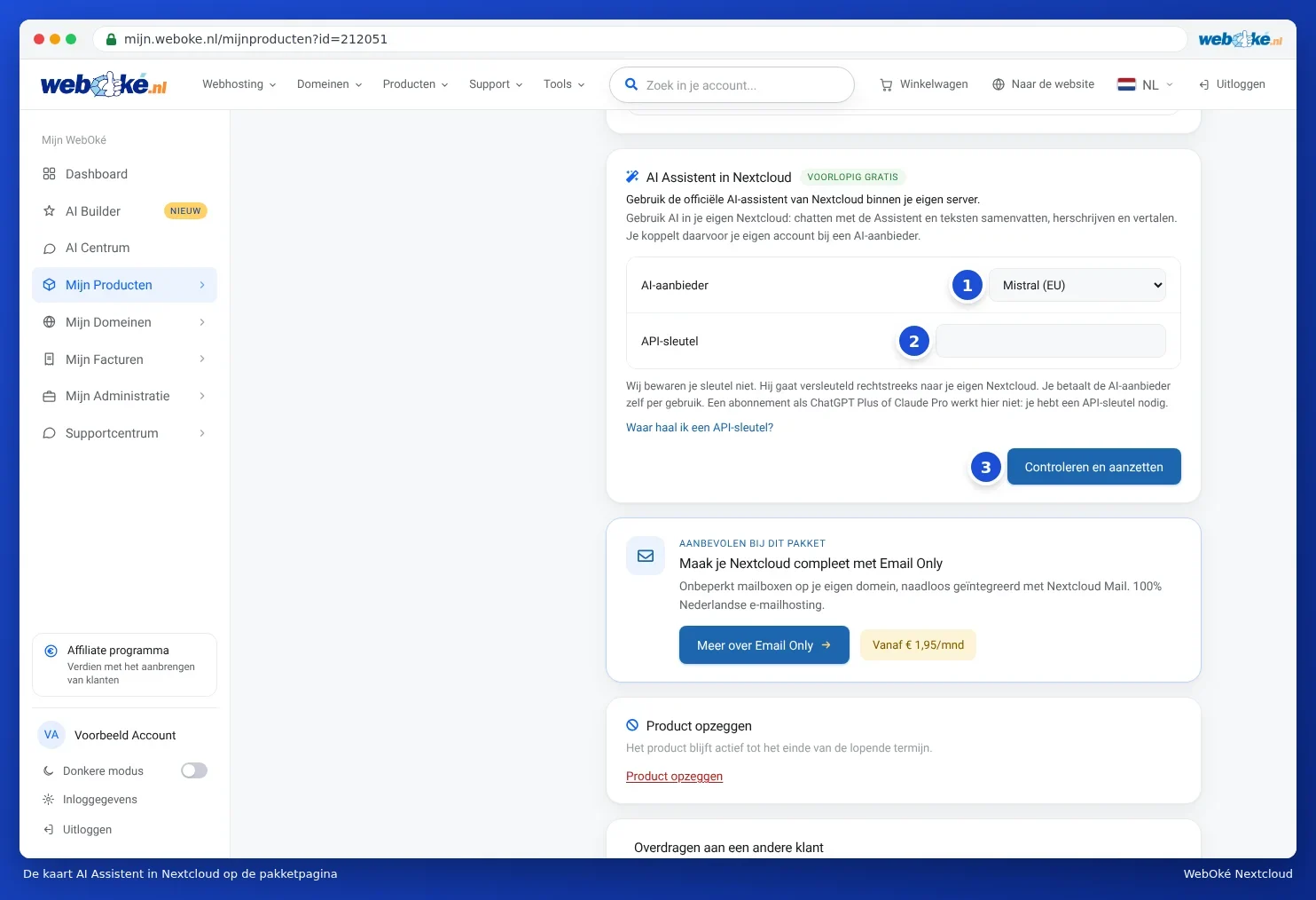 Az AI-asszisztens a Nextcloudban kártya az AI-szolgáltató mezővel, az API-kulcs mezővel és az Ellenőrzés és bekapcsolás gombbal