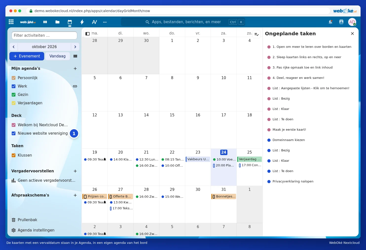 Calendar with the board's calendar on the left, New website association